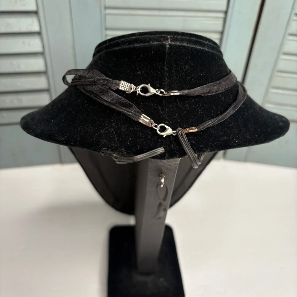 Two Handmade Artist Signed Dichroic Glass Pendant Necklaces on Black Ribbon